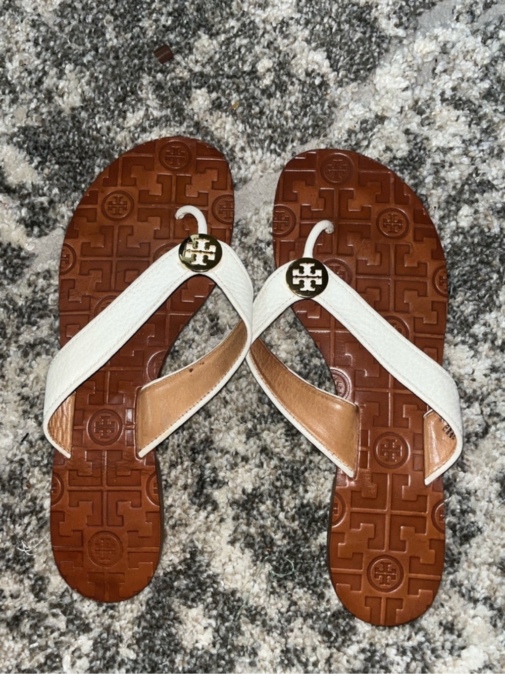 Tory Burch Tan and White Logo-Embossed Thong Sandal